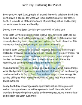 Preview of Earth Day reading passage grades 2-4