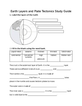 Preview of Earth Layers and Plate Tectonics Study Guide