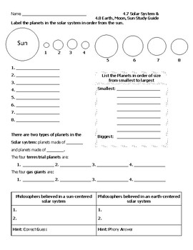 Preview of Earth, Moon, Sun, Solar System Science Study Guide