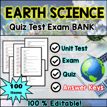 Preview of Earth Science Exam Bank - Test  Quiz Assessments Questions Editable