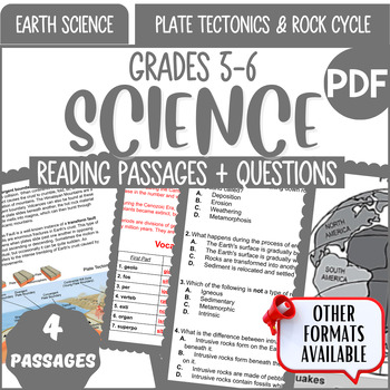 Preview of Earth Science Reading Comprehension Plate Tectonics and Rock Cycle Grade 5 and 6