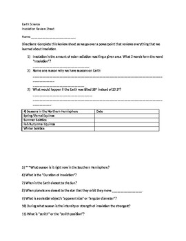 Earth Science Regents Insolation Review (worksheet only) by Kristen Wagner