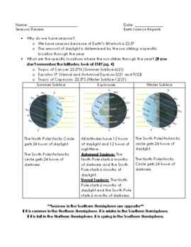 Preview of Earth Science Seasons Review Notes PDF version