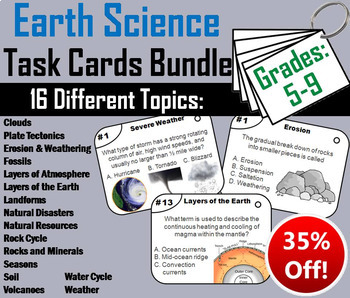 Preview of Earth Science Task Card Activities: Fossils, Landforms, Rock Cycle, Weather etc