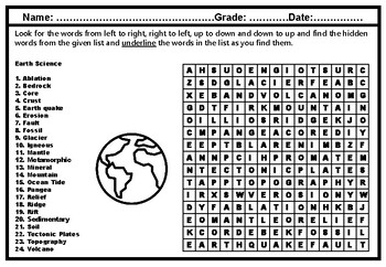 Earth Science, Word Search Puzzle Worksheet, Science Vocabulary Sub Plan