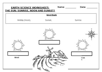 Preview of Earth Science Worksheet: The Sun:  Sunrise, Midday and Sunset?