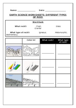 Preview of Earth Science worksheets: Different types of rocks