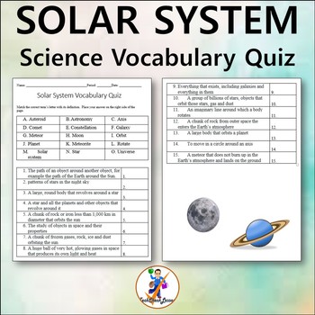 Earth Space Solar System Science Vocabulary Quiz And Word List