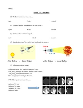 Preview of Earth, Sun, and Moon 5th Grade Assessment Quiz Special Education Science Solar