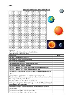 Preview of Earth, Sun, and Moon - Word Search Puzzle Worksheet Activity (Printable)