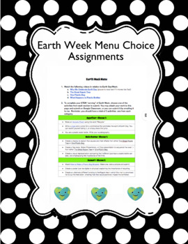 Preview of Earth Week Menu Choice Assignment for Remote Learning