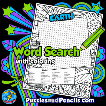 Preview of Earth Word Search Puzzle Activity Page with Coloring | Solar System | Planets