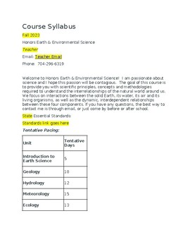 Preview of Earth and Environmental Honors/CP Class Syllabus