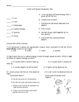 Earth And Space Vocabulary Quiz By Samantha Gaboian 