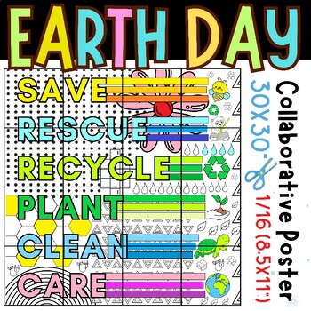 Preview of Earth day Collaborative PopArt Poster: Save, Rescue, Recycle, Plant, Clean, Care