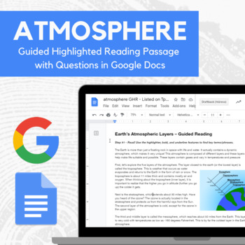Preview of Earth's Atmosphere - Guided Highlighted Reading in Docs | REMOTE LEARNING