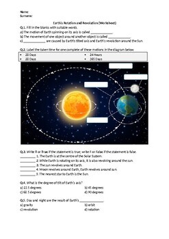 Preview of Earth's Rotation and Revolution - Worksheet | Printable and Distance Learning