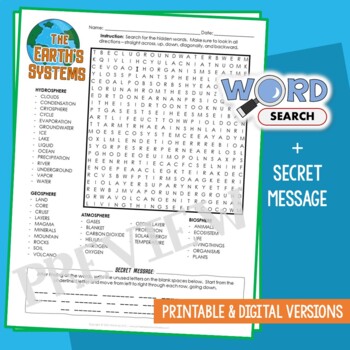 Preview of Earth Systems, Sphere Word Search Vocabulary Activity Test Quiz Review Worksheet