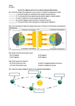 Preview of Earth’s Tilt, Motions of the Earth & the Seasons - Worksheet | Easel & PDF