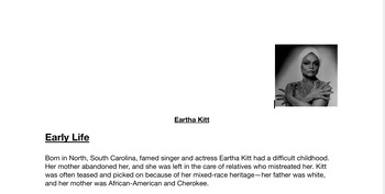 Preview of Eartha Kitt Biography w/ 10 Questions