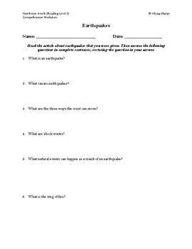 Preview of Earthquake Article (Level 2) Comprehension Worksheet