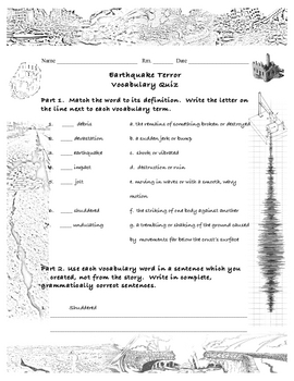 Earthquake Terror, 5th grade Vocabulary Quiz by Rosshalde Pak | TpT