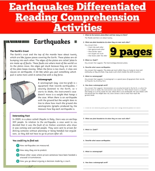 Preview of Earthquakes Differentiated Reading Comprehension Activities | Close Reading