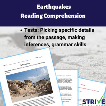 Preview of Earthquakes English Reading Comprehension Worksheet