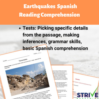 Preview of Earthquakes Spanish Reading Comprehension Worksheet