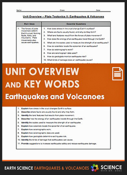 Preview of Earthquakes and Volcanoes Earth Science Unit Overview & Vocabulary Key Words