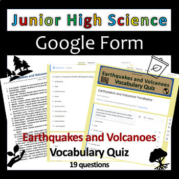 Preview of Earthquakes and Volcanoes Vocab Quiz | JH Science | Google Forms