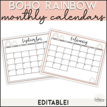 Preview of Earthy Boho Rainbow Editable Monthly Calendars 2023-2024