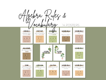 Preview of Earthy Tones, Boho Algebra Math Posters Set of 14 | Algebra Vocabulary and Rules