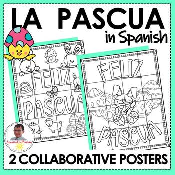 Preview of Easter | 2 Collaborative Coloring Oversized Posters in SPANISH