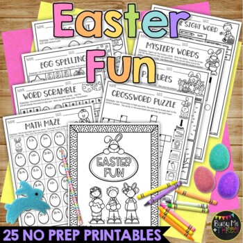 Preview of Easter Activities Packet NO PREP Fun Math Literacy Color by Number Puzzles