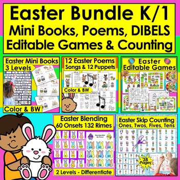 Preview of Easter Activities Bundle Mini Books Skip Counting, Blending Editable Games Poems