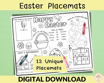 Preview of Easter Activity Placemats, Coloring Mats for Kids, Kids Christian Activity Place