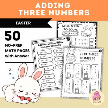 Preview of Easter Add Three Numbers Within 20 Worksheets | 3 Addends Addition | Spring Math