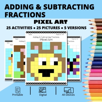 Preview of Easter: Adding & Subtracting Fractions Pixel Art Activity