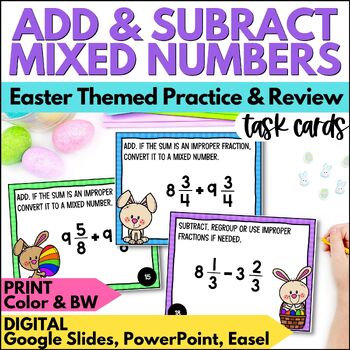 Preview of Easter Adding & Subtracting Mixed Numbers with Like Denominators Task Cards