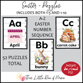 Preview of Easter - Alphabet - number sequence puzzle - printable - counting 1-5 and 1-10