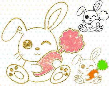 Preview of Easter Bunny Clipart Silhouette Glitter Rabbit carrot Egg Hunt outline 758S