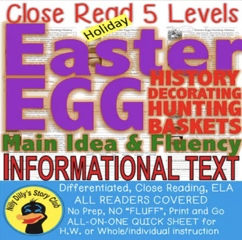 Preview of Easter Bunny Eggs Baskets CLOSE READ 5 LEVELED PASSAGES Main Idea Fluency TDQs!