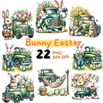 Preview of Easter Bunny Floral ClipArt with Green Truck Collection, Watercolor Clipart.