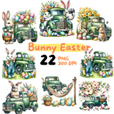 Easter Bunny Floral ClipArt with Green Truck Collection, W