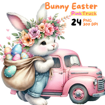Preview of Easter Bunny Floral & Pink Truck Watercolor Clipart Set - Premium PNG Collection
