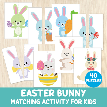 Preview of Easter Bunny Matching Activity, 40 Rabbit Puzzles, Spring Game, Cute Bunnies