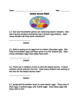 Preview of Easter Bunny Math:  Adding and Subtracting to 10 word problems