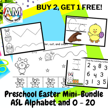 Preview of Easter Bunny Preschool ASL Task Card Flashcard Mini Bundle - alphabet and 0 - 20