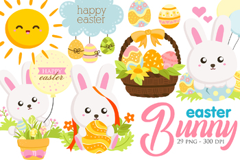 Preview of Easter Bunny Rabbit Egg Flowers Sun - Cute Cartoon Vector Clipart Illustration